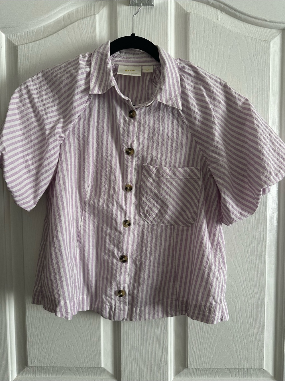 Anthropologie Lavender and White Striped Puff Sleeve Button-Down